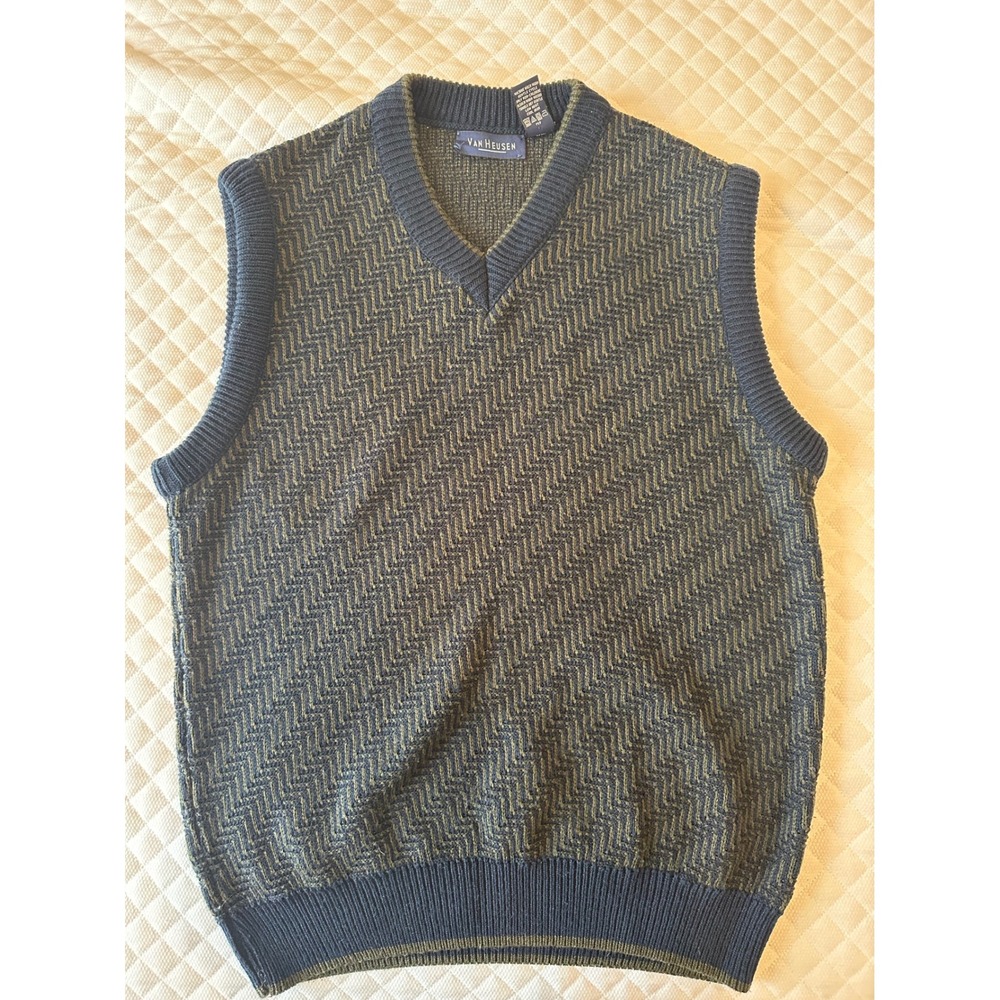 Van Heusen Mens Large Navy Blue Olive Green Geometric V-Neck Sweater Vest